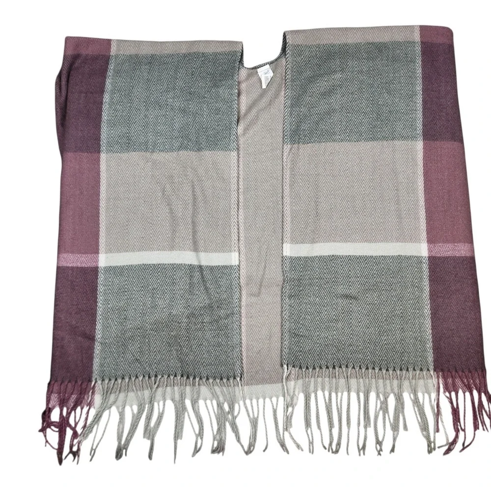 Woolrich Poncho Wrap Shawl Burgundy‎ Grey Herringbone Plaid Fringe 32